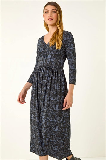 Floral Print Ruched Stretch Midi Dress 14825825