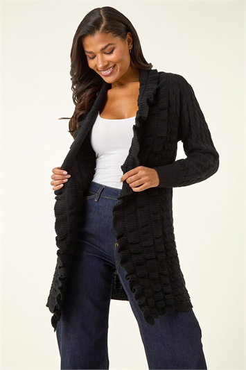 Black Longline Ruffle Detail Cardigan