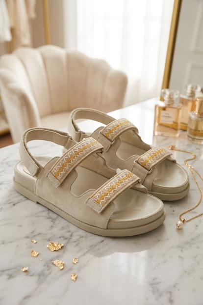 Black Beige Gladiator Style Flat Sandals - Jessica