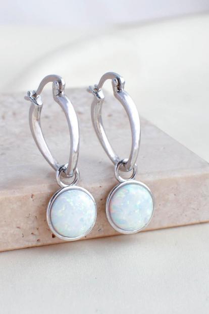 Metallic Sterling Silver Opal Huggie Hoop Earrings