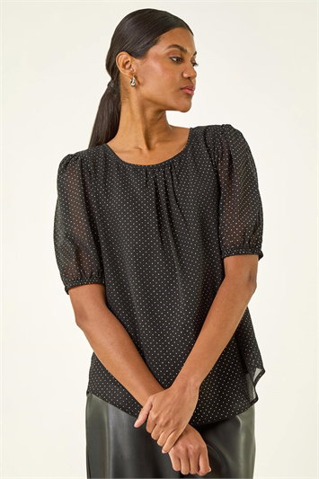 Black Glitter Spot Print Puff Sleeve Top