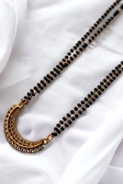 Multi Indian Half Moon Zircon Nazaria Dangle Mangalsutra Black Beads Pendant Necklace