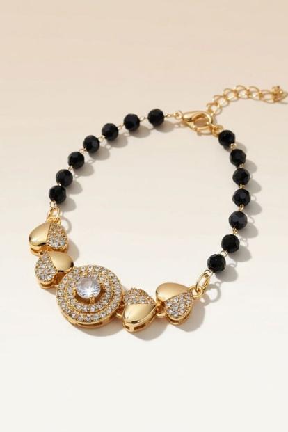 Metallic Large Zircon Heart Charm Beaded Adjustable Bracelet