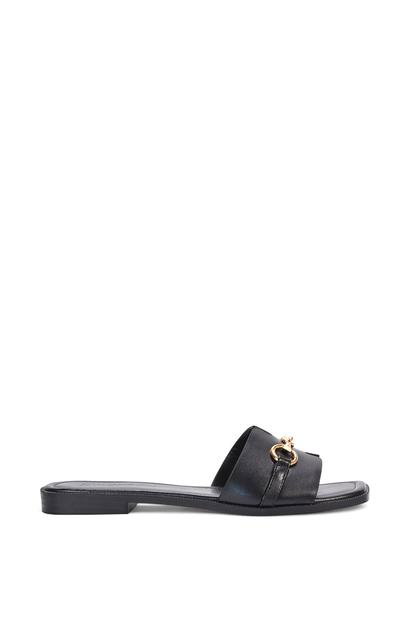 Black 'Lesley' Square Toe Mule Slider Sandals With Buckle Detail