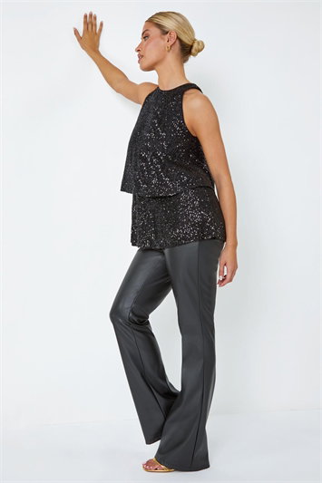 Black Sequin Tiered Halterneck Stretch Top