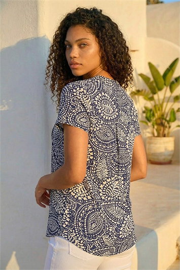 Petite Abstract Print Button Stretch Top 19466660