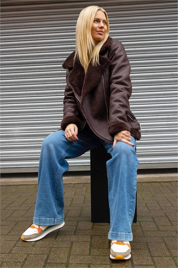 Faux Fur Lined Zip Detail Aviator Jacket 12010319