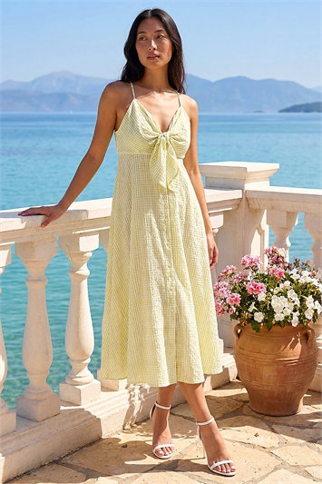 Green Petite Gingham Twist Front Dress