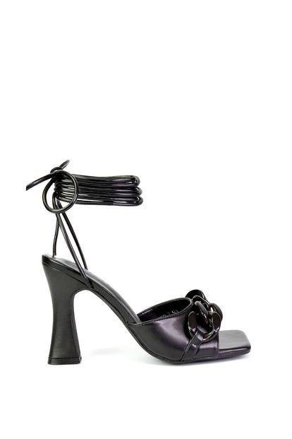 Black 'Rhegan' Lace Up Chain Detail Square Toe Block High Heel Sandals