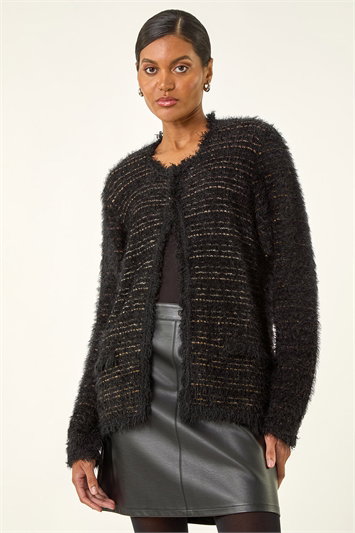 Black Fluffy Textured Knit Cardigan