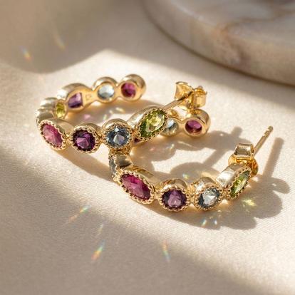 Multi Multicolour Gemstone Gold Plated Hoop Earrings