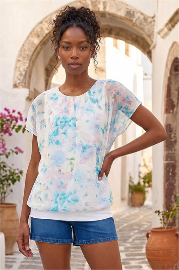 Blue Floral Print Bubble Hem Top