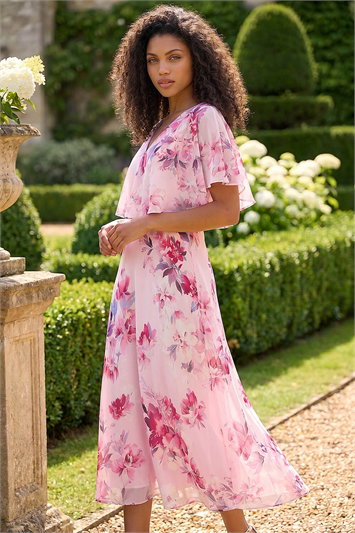Petite Floral Cape Chiffon Midi Dress 14512346