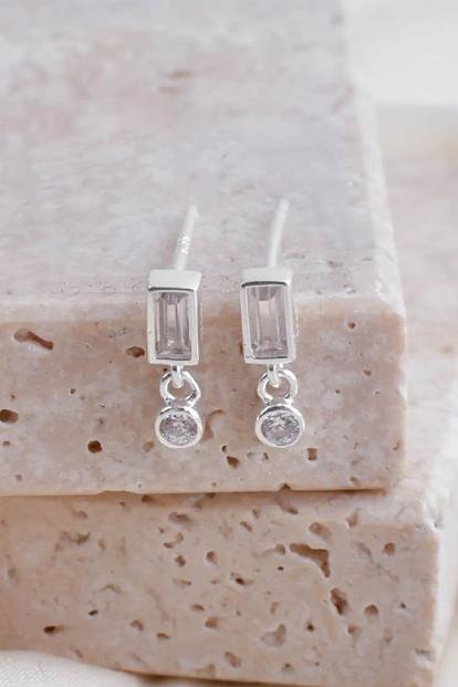 Metallic Sterling Silver Cz Rectangle Studs