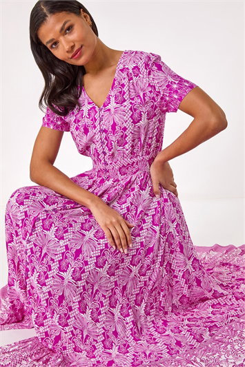 Pink Printed Shirred Waist Maxi Dress