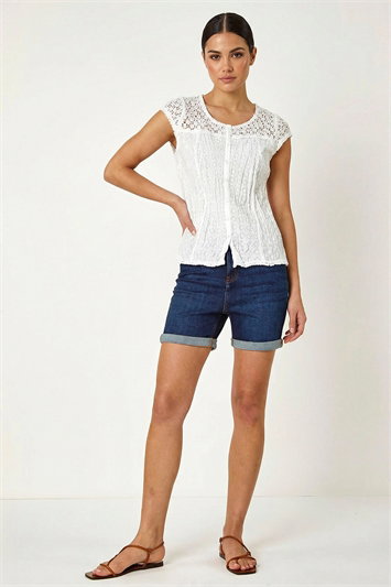 Lace Yoke Cap Sleeve Crinkle Blouse 10002594