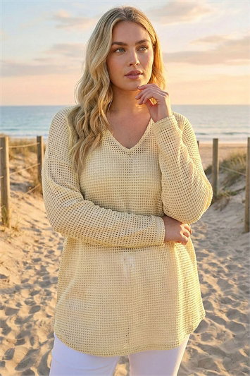 Cream Curve Textured Knit V-Neck Tunic