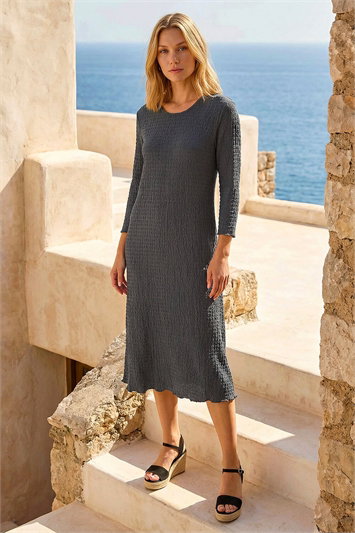 Grey Textured A-Line Stretch Midi Dress