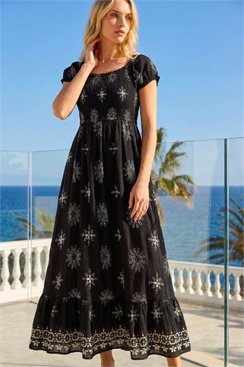 Black Broderie Shirred Maxi Dress