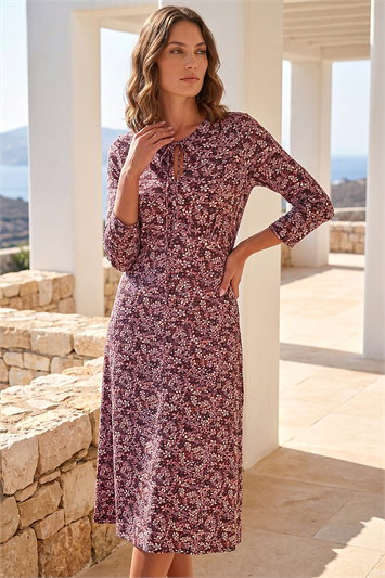 Red Petite Paisley Tie Neck Dress