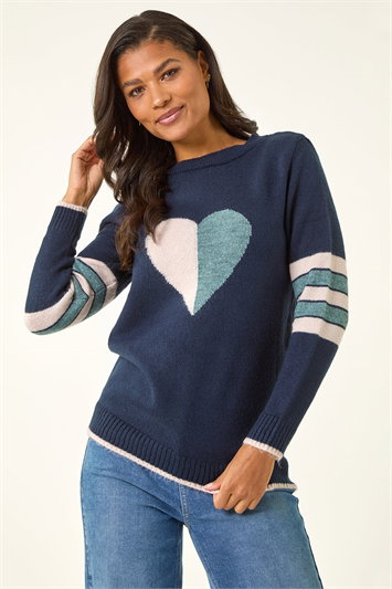 Blue Heart Print Stripe Sleeve Jumper