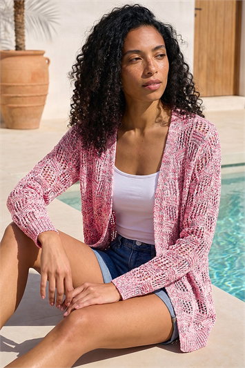 Pink Tape Knit Cotton Blend Cardigan