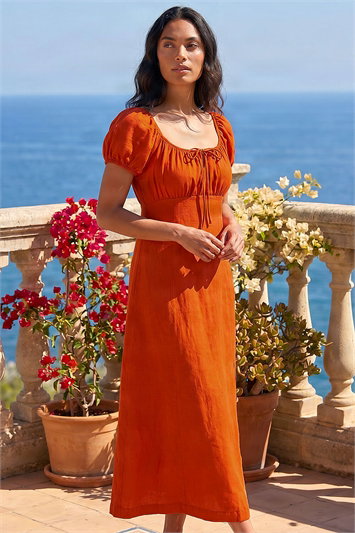 Puff Sleeve Linen Blend Midi Dress 14704664