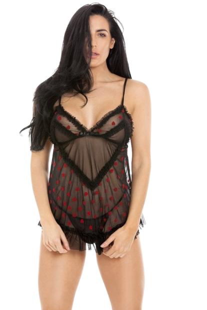 Black Mesh Babydoll With Hearts