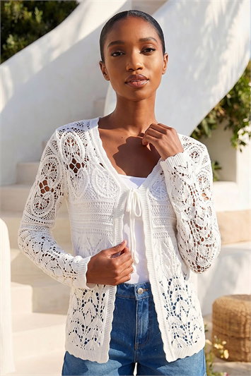 White Petite Cotton Crochet Knit Cardigan