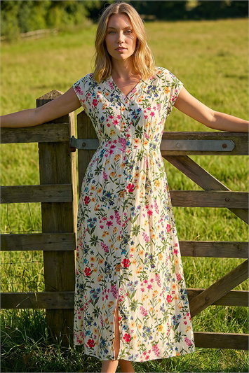 Multi Floral Print Textured Midi Dress