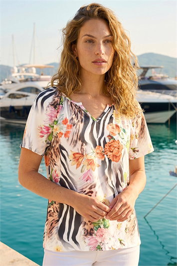 Pink Animal Floral Notch Neck Top