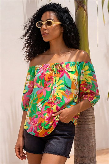Green Floral Print Bardot Top