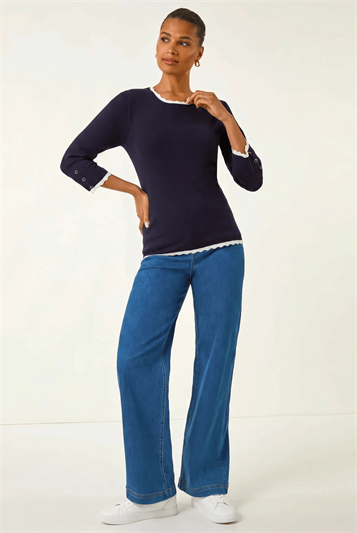 Blue Scallop Neck Button Knit Jumper
