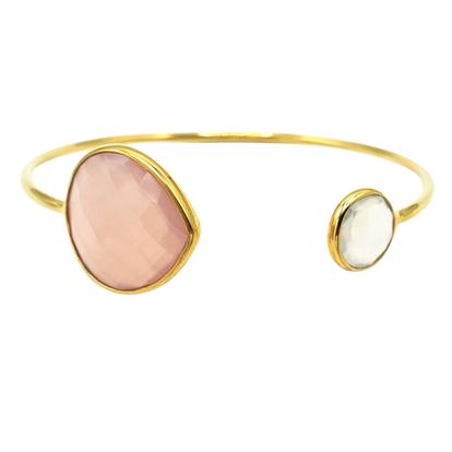 Metallic 18Ct Gold Vermeil Pink & White Chalcedony Gemstone Crystal Bangle Bracelet