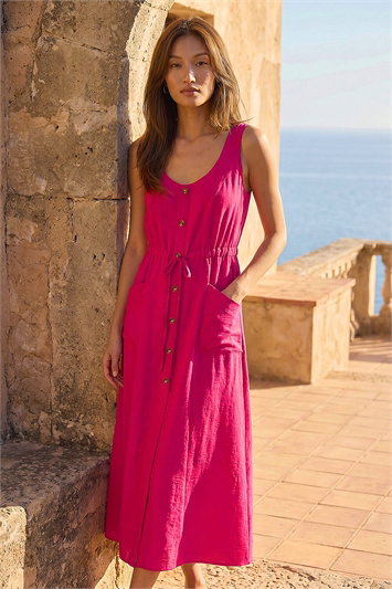 Buttoned Tie Waist Midi Dress 14808017