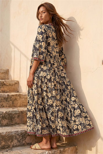 Floral Print Border Maxi Dress 14688708
