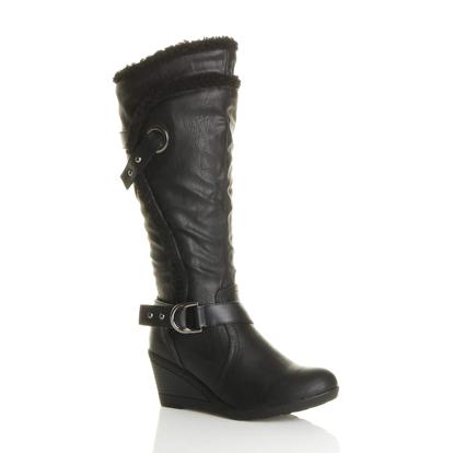 Black Mid Wedge Faux Fur Trim Biker Calf Boots