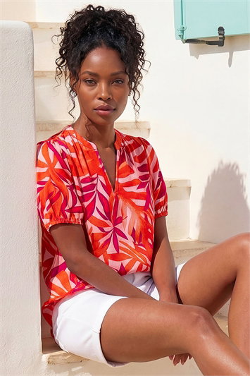 Pink Tropical Pleated V-Neck Top