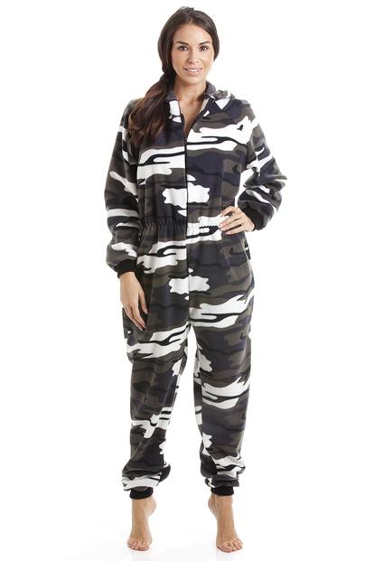 Multi Snow Camouflage Supersoft Fleece Zip Front Hooded Onesie