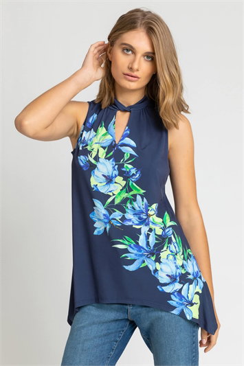 Blue Twist Neck Floral Print Top