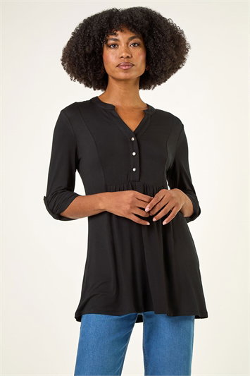 Black V-Neck Button Detail Tunic Top