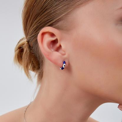 Blue Blue Enamelled Jewelled Eye Sterling Silver Huggie Hoop Earring