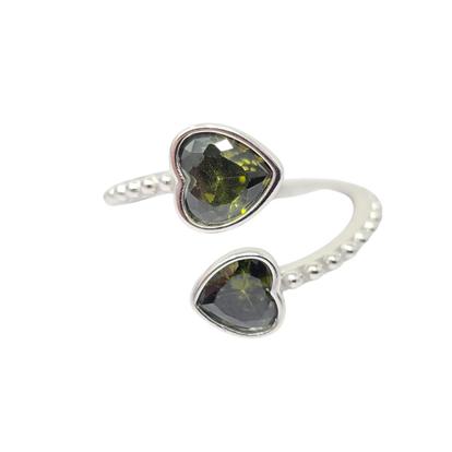 Metallic Double Heart Peridot Heart August Birthstone Adjustable Silver Ring