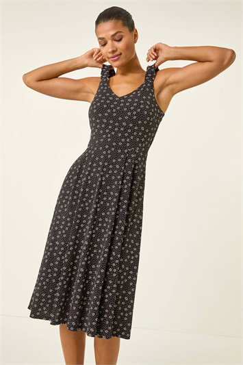 Black Floral Spot Print Midi Dress