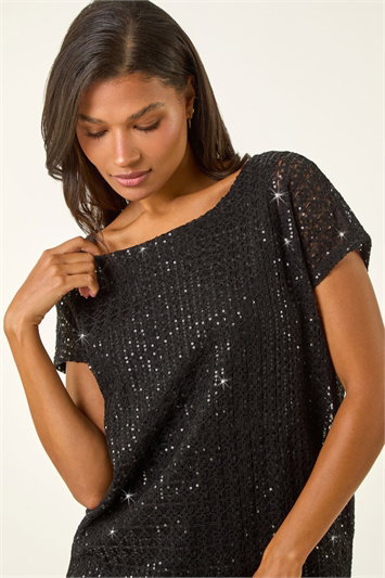 Black Sparkly Sequin Cut Out Top