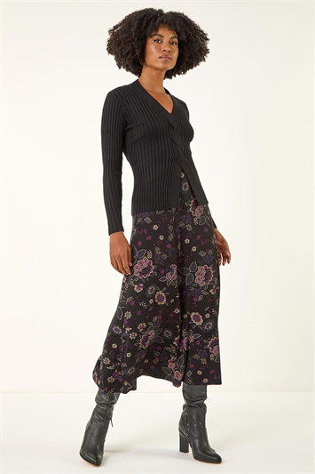 Floral Print Midi Elastic Waist Stretch Skirt 17026608