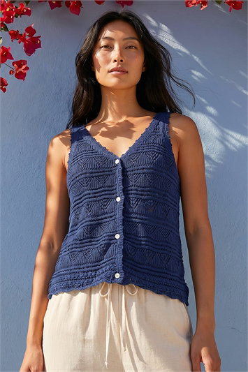 Blue Petite Button Knit Cami Top