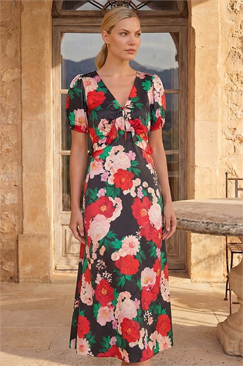 Puff Sleeve Floral Satin Midi Dress 14761778