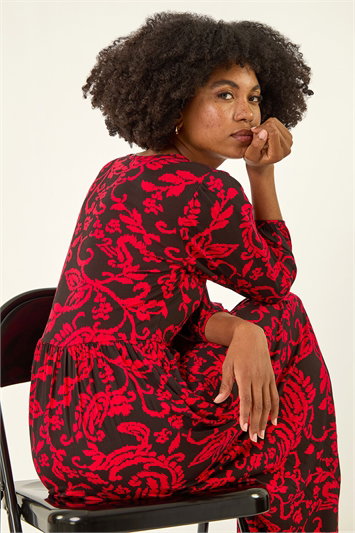 Red Paisley Print Pocket Midi Stretch Dress