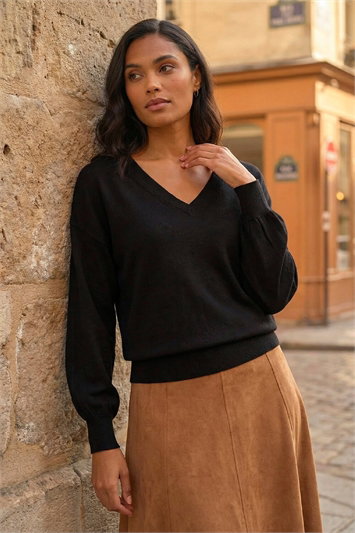 Plain Stretch V-Neck Longline Jumper 16041608